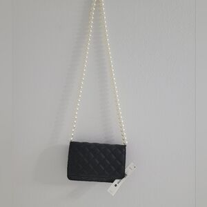 Aqua Black Quilted Crossbody Bag with Pearl Strap